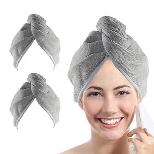 YoulerTex Microfiber Hair Towel Hair Wrap: 3 Pack 10X26, Pink, Blue and, gray.